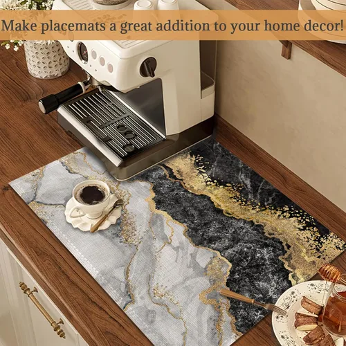 Vista 4 de Juego de 6 manteles individuales de mármol negro y dorado, lavables para mesa de cocina, comedor, resistentes al calor, para decoración de fiestas