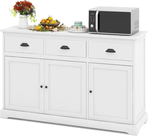 Vista 9 de LOKO Armario de buffet moderno con almacenamiento, armario de almacenamiento de cocina con tres cajones y dos gabinetes, aparador con dispositivo