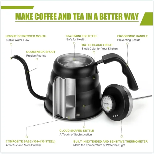 Vista 4 de Hervidor de Vertido para Café de Goteo Manual y Té con Termómetro 28oz Hervidor de Cuello de Cisne con Control de Flujo Hervidor de Agua de Acero