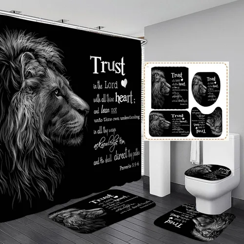 Vista 15 de Juego de 4 cortinas de ducha de rey león negro, citas inspiradoras, palabras motivacionales positivas y educativas, decoración de baño de animales