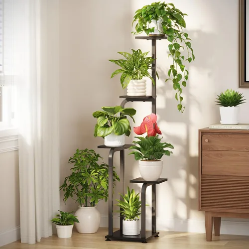 Vista 21 de LASZOLA Soporte para plantas de 5 niveles alto de madera y metal para interiores para macetas de servicio pesado, estante vertical grande
