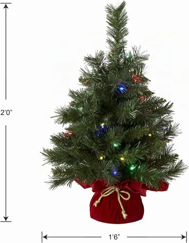 Vista 5 de National Tree CompanyMini árbol de Navidad Artificial Pre-LIT 35 luces multicolor, 71 puntas, base de tela roja, temporizador, verde