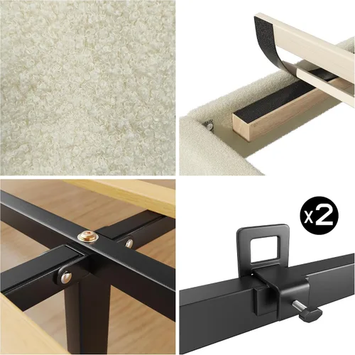 Vista 6 de Base de cama matrimonial, plataforma tapizada Boucle con cabecera con respaldo de alas, fuerte soporte de listones de madera, base de colchón sin
