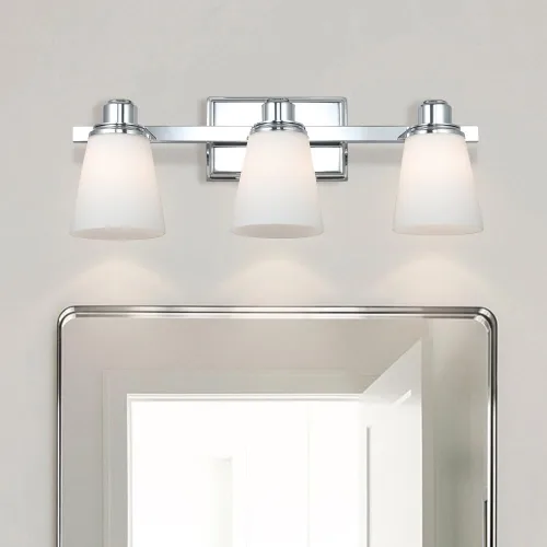 Vista 4 de XiNBEi Lighting XB-W220-3-CH - Lámpara de tocador de baño de cristal ópalo sobre el espejo, 3 lámparas de baño cromadas con vidrio blanco