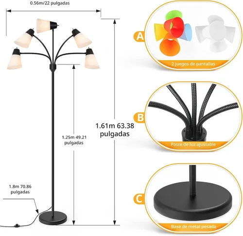 Vista 7 de FOLKSMATE Lámpara de Pie LED, Medusa Múltiples Cabezales Moderna Alta, Rústica Ajustable Luz de Lectura de Pie para Sala de Estar/Habitación de Negro