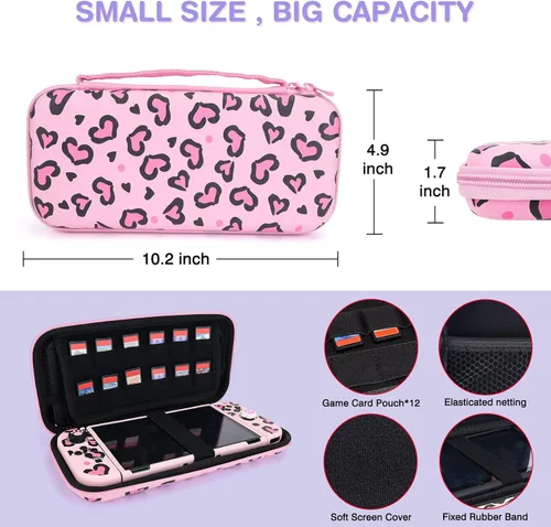 Vista 3 de DLseego Pink Love Leopard Carrying Case for Switch OLED, Cute Silicone Protective Soft Cover with 4PCS Thumb Grip Caps and Pink Plush Heart Pendant