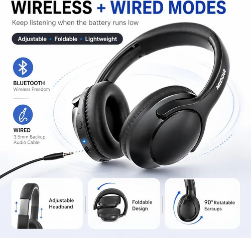 Vista 3 de MIDOLA - Auriculares Bluetooth sobre la oreja, auriculares inalámbricos de 68 horas de reproducción con micrófono, 6 modos de ecualización, graves
