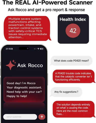 Vista 5 de Rocco OBD2 Escáner Bluetooth para iOS Android, herramienta de diagnóstico AI para reparación de automóviles, sin tarifa de suscripción, AutoVIN, más