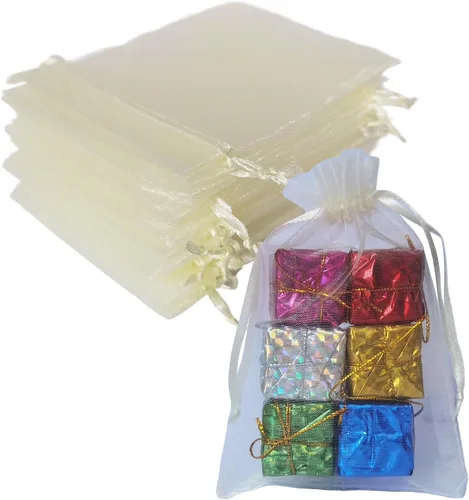 Vista 10 de Bolsas de regalo de organza de 4 x 6 pulgadas con cordón para joyas, dulces, paquetes de 50 bolsas de té de tela transparente azul aguamarina