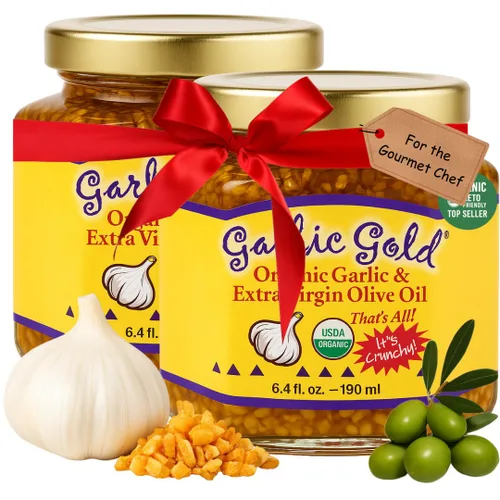 Vista 9 de Garlic Gold Gránulos de ajo tostado orgánico en aceite de oliva virgen extra, ajo crujiente en aceite de oliva, tarro de vidrio de 6.4 oz