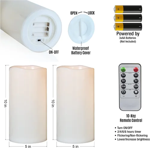 Vista 5 de juego de 2 velas sin llama impermeables para exteriores de 10" x 5", operadas por baterías, LED parpadeantes, velas pilar con control remoto