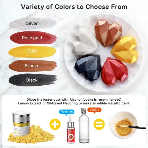 Vista 8 de Aceite aromatizante alimenticio (paquete de 12) y polvo lustre comestible, 0.28 oz de polvo dorado para tartas de grado alimenticio