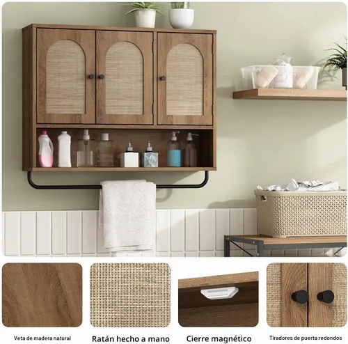 Vista 4 de RUSTOWN Gabinete de pared del cuarto de baño de la rota, boho, boho, con 3 Roble natural