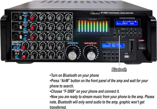 Vista 3 de Amplificador de mezcla de 3000 W con HDMI/grabación/USB/Bluetooth Plus altavoces duales de 1200 W y micrófono inalámbrico dual sistema de karaoke