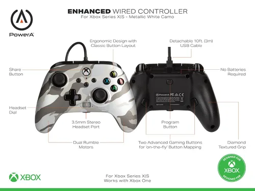Vista 2 de PowerA Enhanced Wired Controller for Xbox Series XS - Metallic Arctic Camo, gamepad, wired video game controller, gaming controller, Xbox Series XS