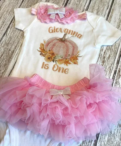 Vista 4 de First Birthday Pumpkin Baby Girl Personalized Name Bodysuit This Pumpkin is One Optional Accessories