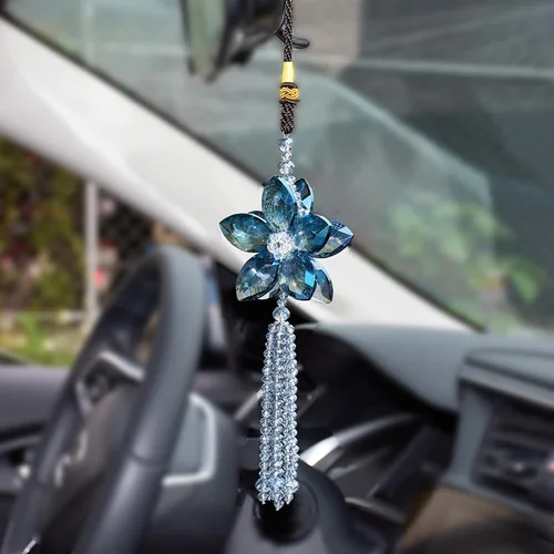 Vista 11 de Accesorio de pendiente decorativo, diseño de flor de cristal, para espejo retrovisor de vehículo, Azul