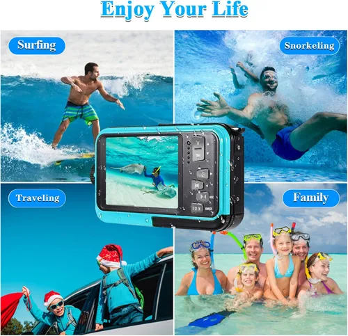 Vista 4 de Cámara impermeable de 10 pies doble pantalla selfie impermeable cámara digital compacta 48MP cámara submarina para esnórquel 2.7K Full HD grabadora