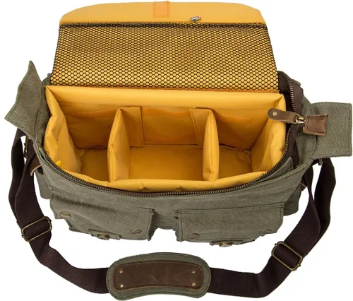 Vista 3 de morral de cuero y lona para computadora portátil + morral de lona para cámara Dslr Slr, Verde ejército), 3323830