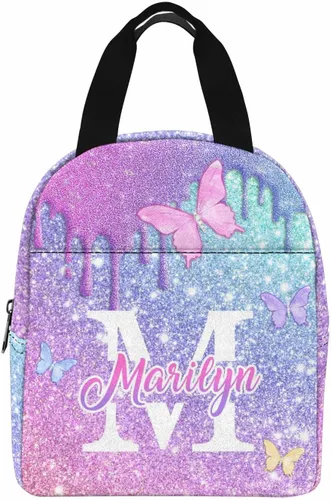 Vista 7 de InterestPrint Bolsa de almuerzo con nombre personalizado para hombres y mujeres, diseño de mariposa rosa y azul personalizada, caja de almuerzo