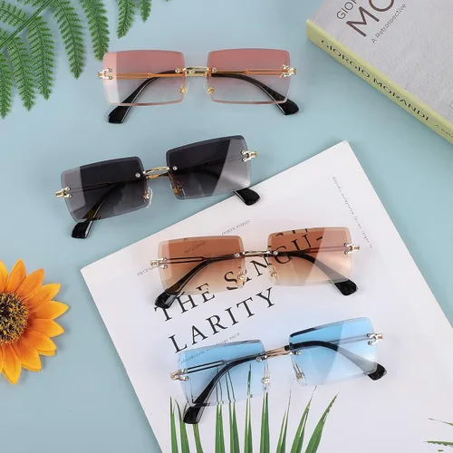 Vista 4 de URATOT Paquete de 4 lentes de sol rectangulares sin montura vintage sin montura retro gafas de sol con marco de metal para hombres y mujeres