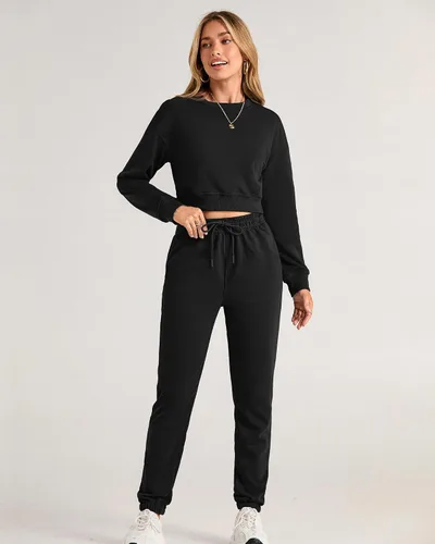 Vista 64 de BTFBM Conjunto deportivo de 2 piezas para mujer, camiseta corta de manga larga, sin botones, pantalón con cordón ajustable, pantalones deportivos
