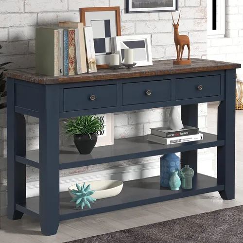 Vista 3 de LUMISOL Mesa consola de madera de granja con cajones y estantes de almacenamiento, mesa de sofá de entrada, mesa de pasillo, parte superior azul +