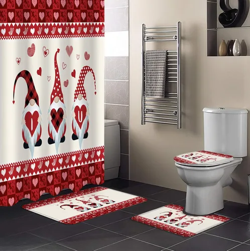 Vista 2 de Juego de 4 cortinas de ducha de lujo de San Valentín para baño, decoración de amor de gnomo rojo, duradero, impermeable, con tapete de baño