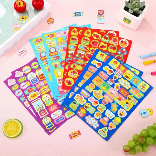 Vista 4 de Eersida 750 calcomanías perfumadas de recompensa olorosas para el aula de niños, calcomanías motivacionales para rascar postres y frutas