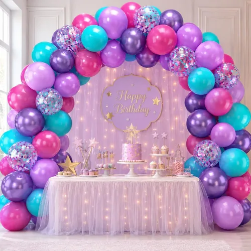 Vista 7 de Globos de látex rosa intenso, azul, morado, 50 globos de látex de 12 pulgadas con confeti metálicos para niños, temática mágica, cumpleaños, baby