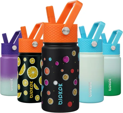 Vista 9 de BJPKPK Botella de agua con tapa con pajilla, botella de agua aislada de 15 onzas, botellas de agua de metal de acero inoxidable, termo reutilizable