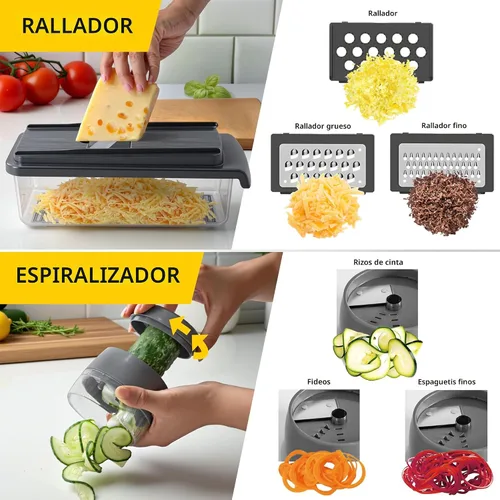 Vista 6 de UltraChop Todo en 1, Picadora de Verduras Resistente de 12 Cuchillas, Contenedor Picador de Alimentos, Espiralizador, Rebanadora Mandolina Picadora