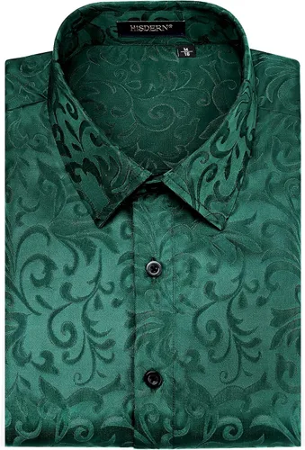 Vista 6 de HISDERN Camisas de vestir de satén brillante para hombre, de lujo, floral, jacquard, de manga larga, a la moda, para bodas, fiestas, bailes