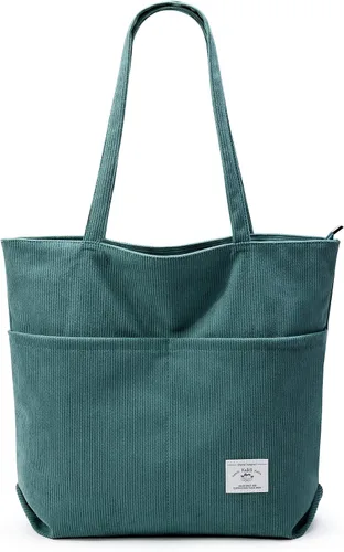Vista 11 de KALIDI Bolsa Tote de Pana para Mujer con Cremallera Bolsa de Mano Casual Tote Bolsa de Hombro de Gran Capacidad con Bolsillos 1 negro y 1 blanco.