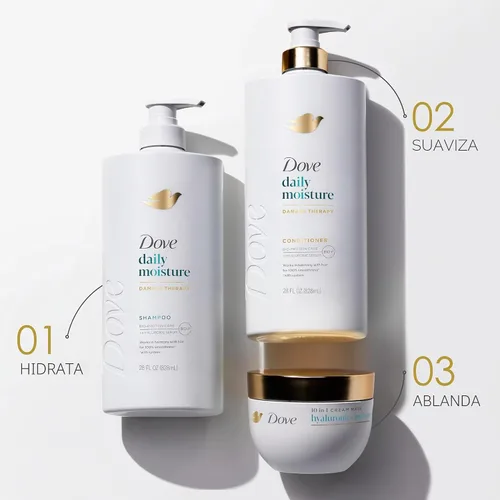 Vista 3 de Dove Damage Therapy Champú de humedad diaria para cabello seco con tecnología de cuidado de bio-proteínas y suero hialurónico, 28 onzas líquidas