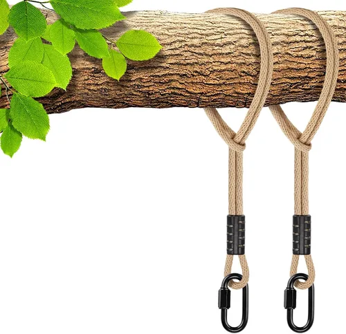 Vista 8 de SELEWARE Correas de hamaca de 2 pies, cuerda de columpio de árbol con mosquetón Beige