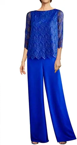 Vista 3 de 2 Piece Mother of The Bride Dresses Pant Suits Lace Evening Formal Dress Chiffon Wedding Guest Groom Dress Women's