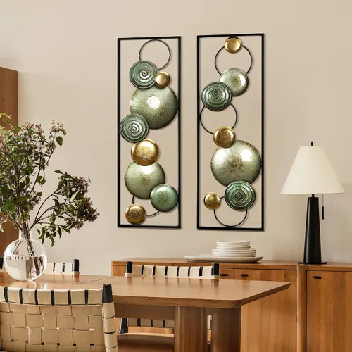 Vista 3 de LuxenHome - 2 piezas de arte de pared de metal, círculos multicolor de 36 x 12 pulgadas, decoración de pared rectangular abstracta de metal