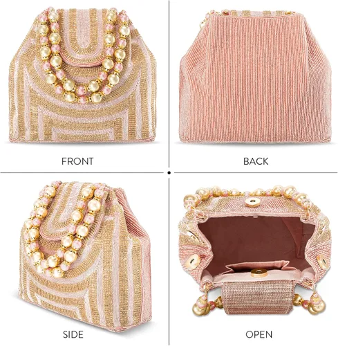 Vista 4 de Aheli Potli - Bolsas de noche para mujer, bolso de mano étnico para novia con cordón (P59C), Oro Rosa