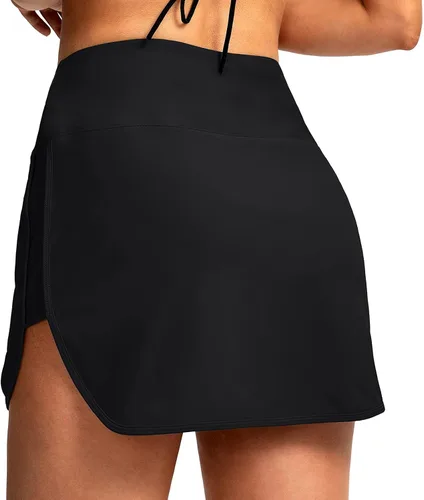Vista 4 de Falda de natación para mujer con pantalones cortos integrados de cintura alta, falda de traje de baño deportivo para yoga, falda de traje de baño