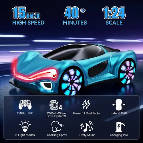 Vista 2 de Auto a control remoto, autos RC para niños de 6, 7, 8, 9, 10, 11, 12 años, 2.4 GHz, rotación de 360°, autos RC con luces frías, efectos de música