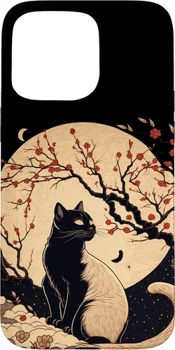 Vista 31 de Kawaii black cat japanese with cherry blossom anime style Case for iPhone 16
