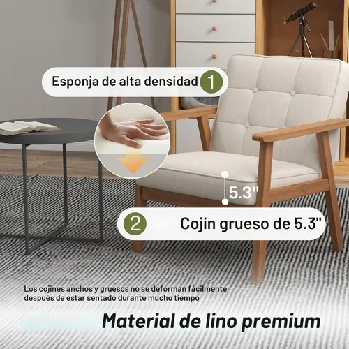 Vista 6 de Silla decorativa de lino beige, sillón copetudo con marco de madera