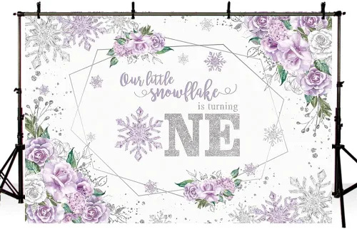 Vista 4 de AIBIIN Telón de fondo de invierno de 7 x 5 pies para niña, copo de nieve, color morado, floral, plateado, con purpurina, fondo de fotografía