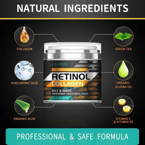 Vista 5 de Crema de retinol para rostro con ácido hialurónico, crema hidratante antienvejecimiento con colágeno para mujeres y hombres, reduce arrugas y líneas