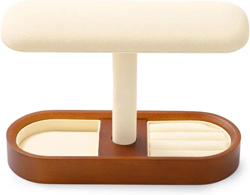 Vista 5 de Oirlv Soporte de reloj de madera maciza con barra en T, organizador para hombres y mujeres, soporte de exhibición de joyas, anillos, aretes, collar