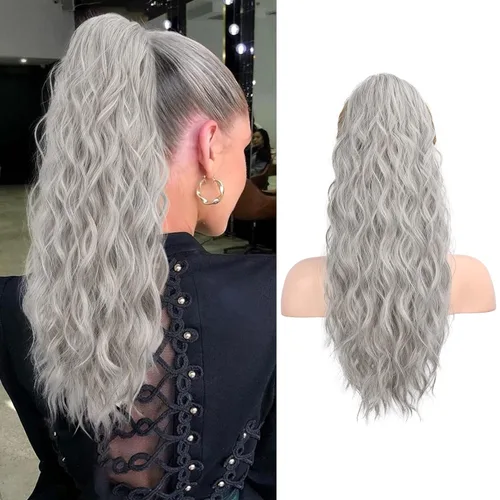 Vista 34 de FLUFYMOOZ Extensión de cola de caballo de 22 pulgadas, extensiones de cabello sintético ondulado largo y rizado para mujer