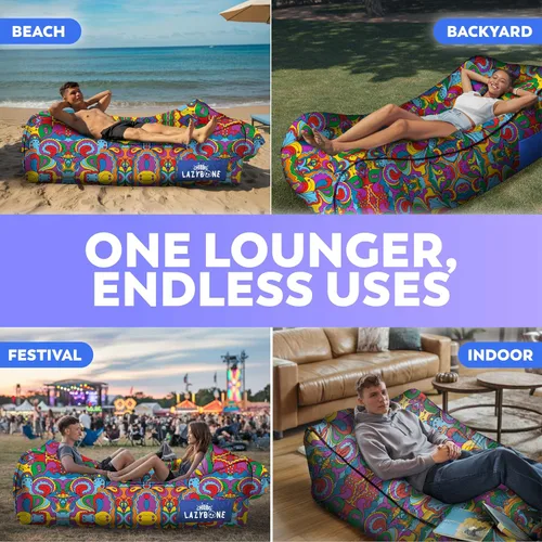 Vista 5 de Chillbo Inflatable Couch – Unique Designs - No-Pump Setup, Ripstop Polyester, Stability Pegs, Fun Prints - Portable Air Inflatable Lounger for