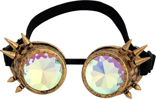 Vista 22 de Gafas de caleidoscopio retro con pinchos, gafas de cristal arcoíris steampunk estilo soldadura, gafas de cosplay punk
