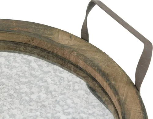Vista 3 de Stonebriar Bandeja redonda de madera marrón con asas de metal y espejo envejecido, bandeja rústica de servicio de mayordomo, centro de mesa vintage